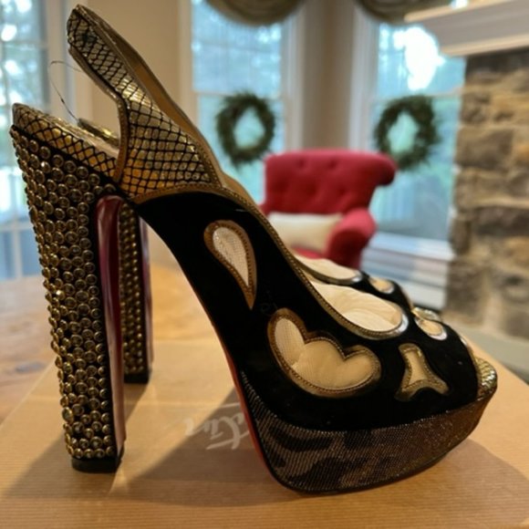 Christian Louboutin Shoes - Christian Louboutin Black/Gold Miralep Suede Sling Sandals